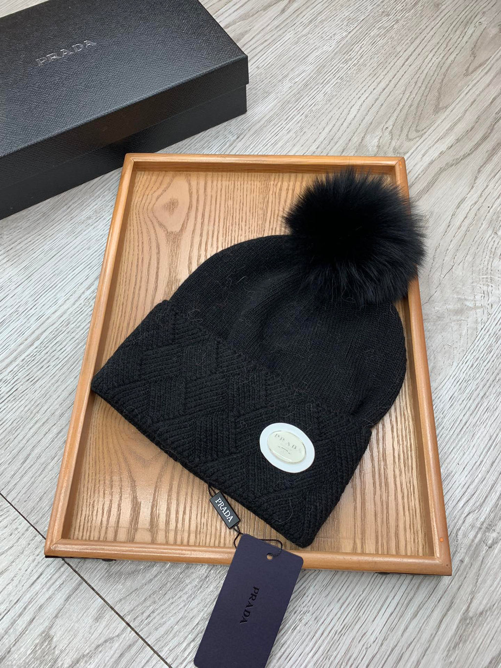 PRADA BEANIE HAT IN BLACK WOOL AND RABBIT FUR 346717