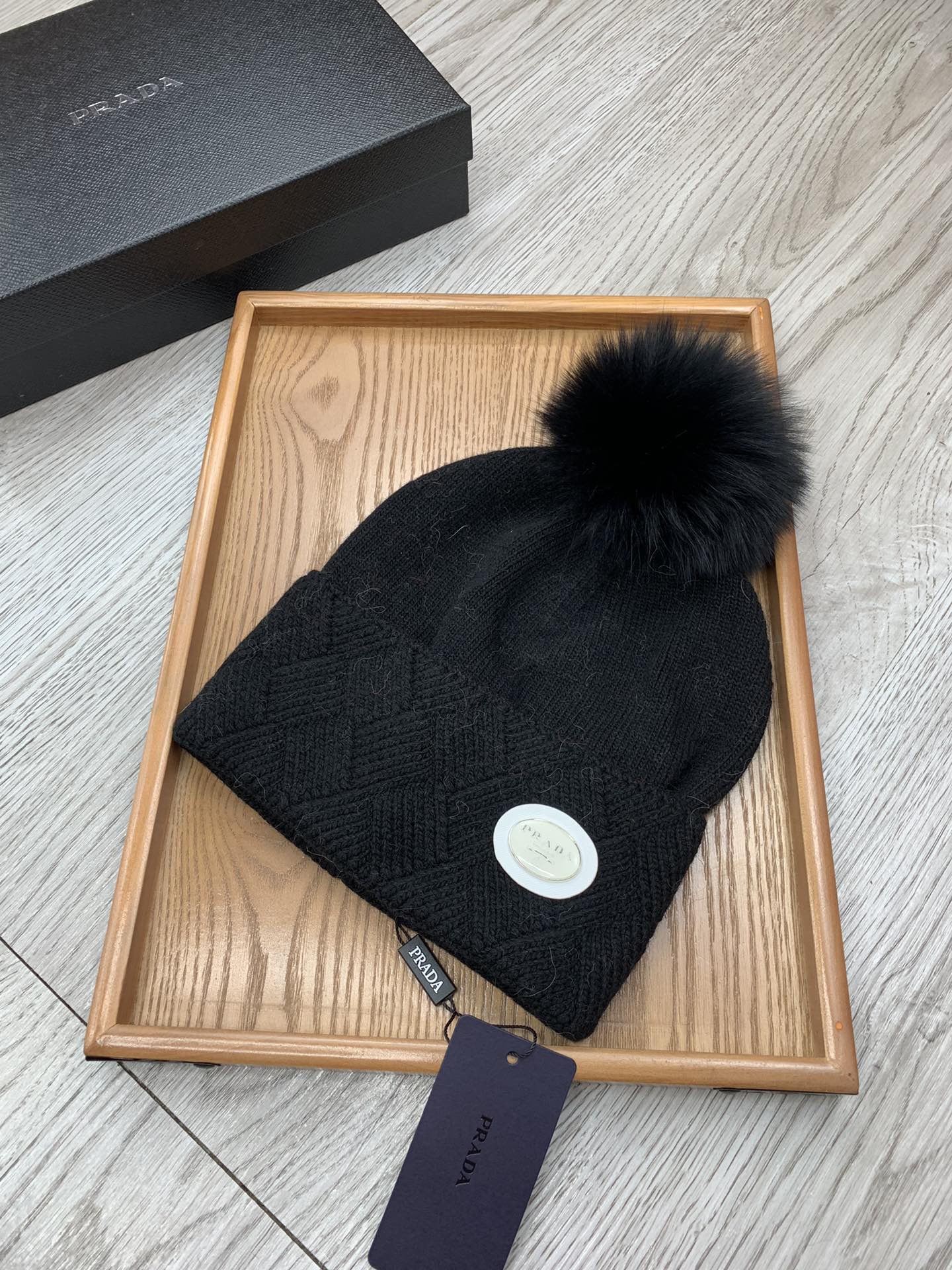 PRADA BEANIE HAT IN BLACK WOOL AND RABBIT FUR 346717