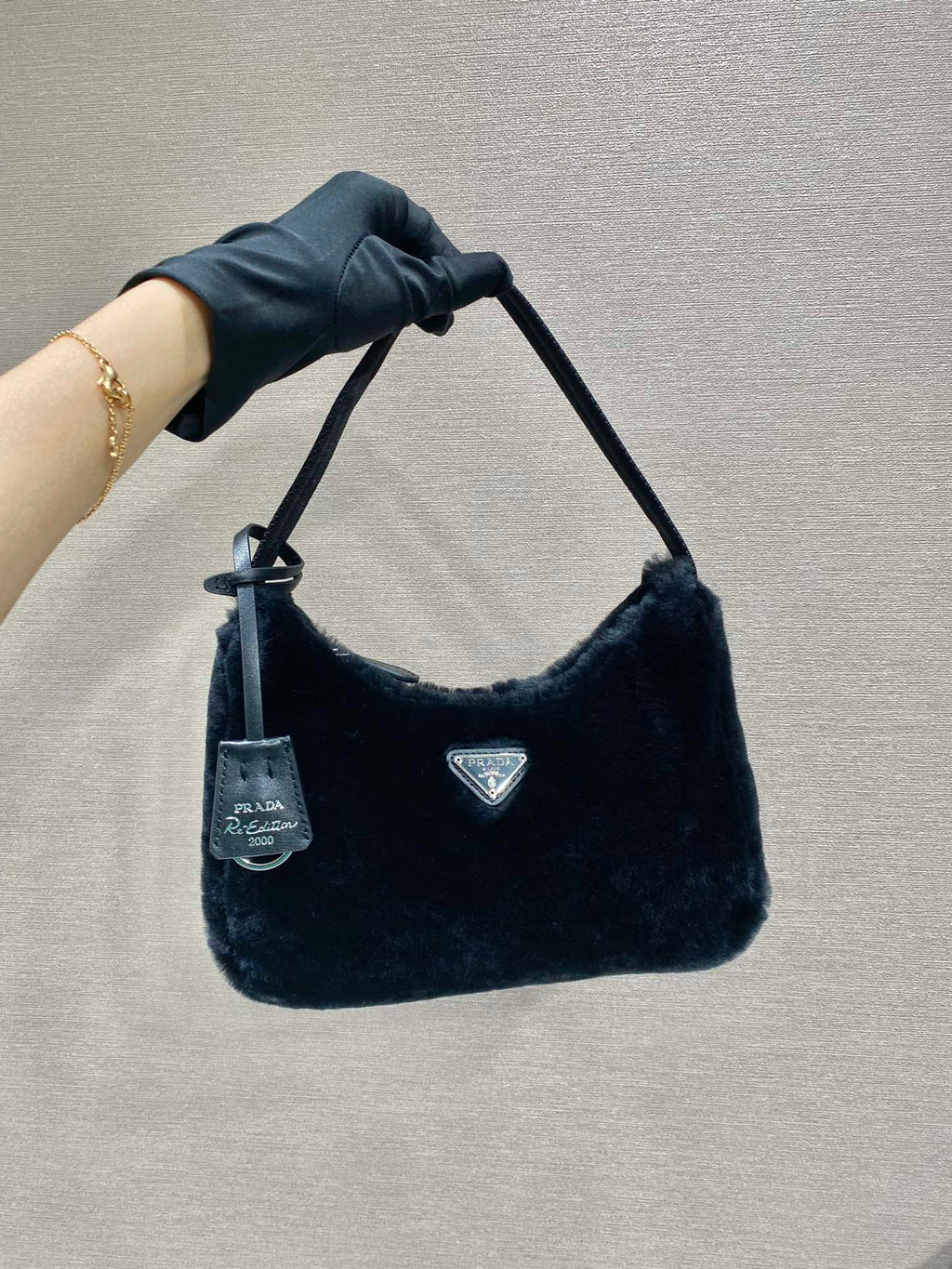 PRADA HOBO BAG 23 IN BLACK RABBIT FUR
