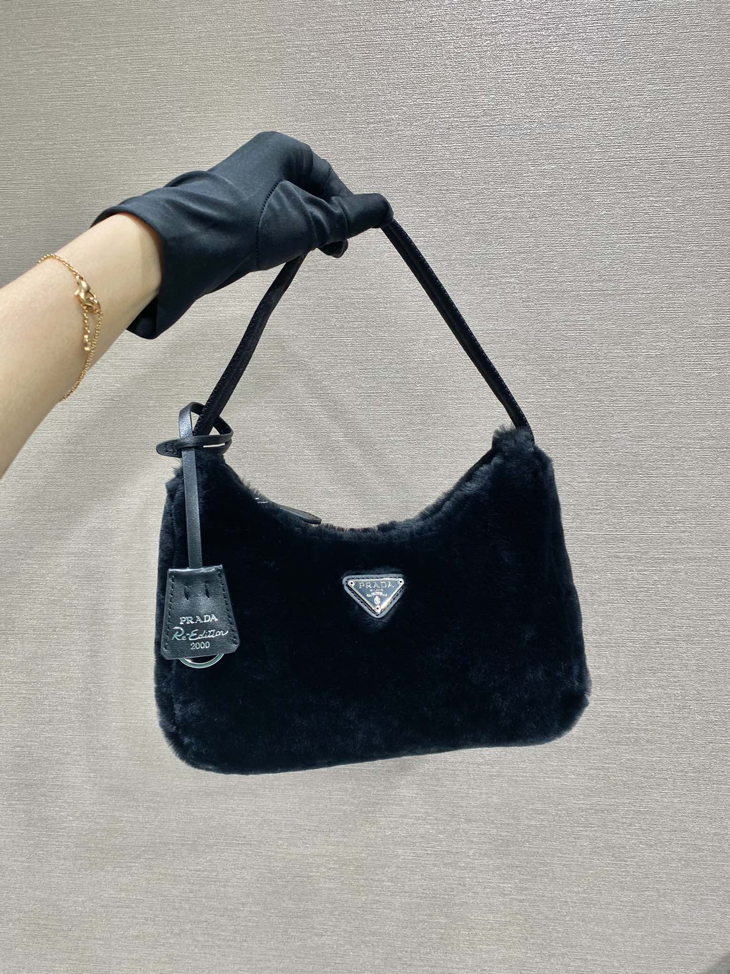 PRADA HOBO BAG 23 IN BLACK RABBIT FUR