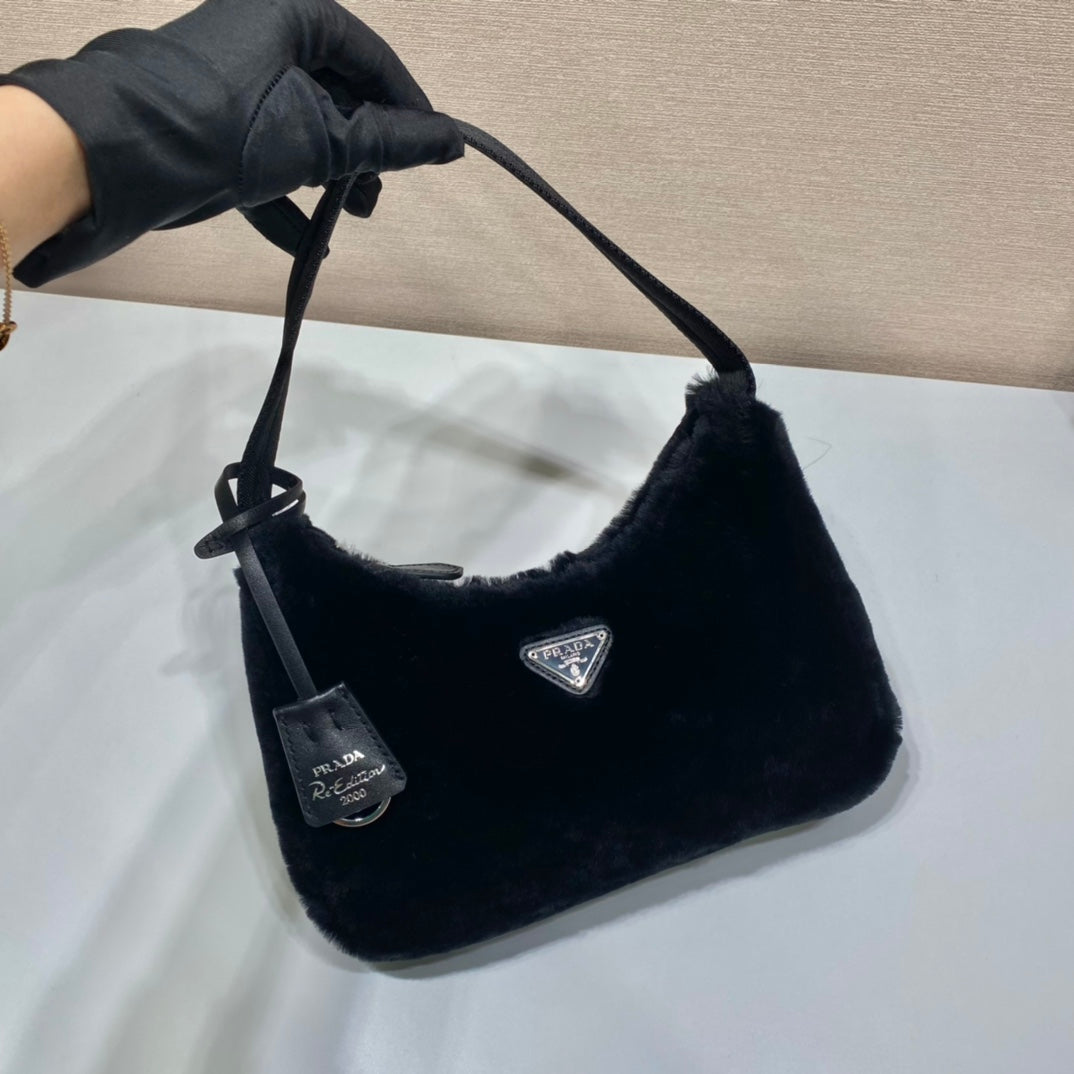 PRADA HOBO BAG 23 IN BLACK RABBIT FUR