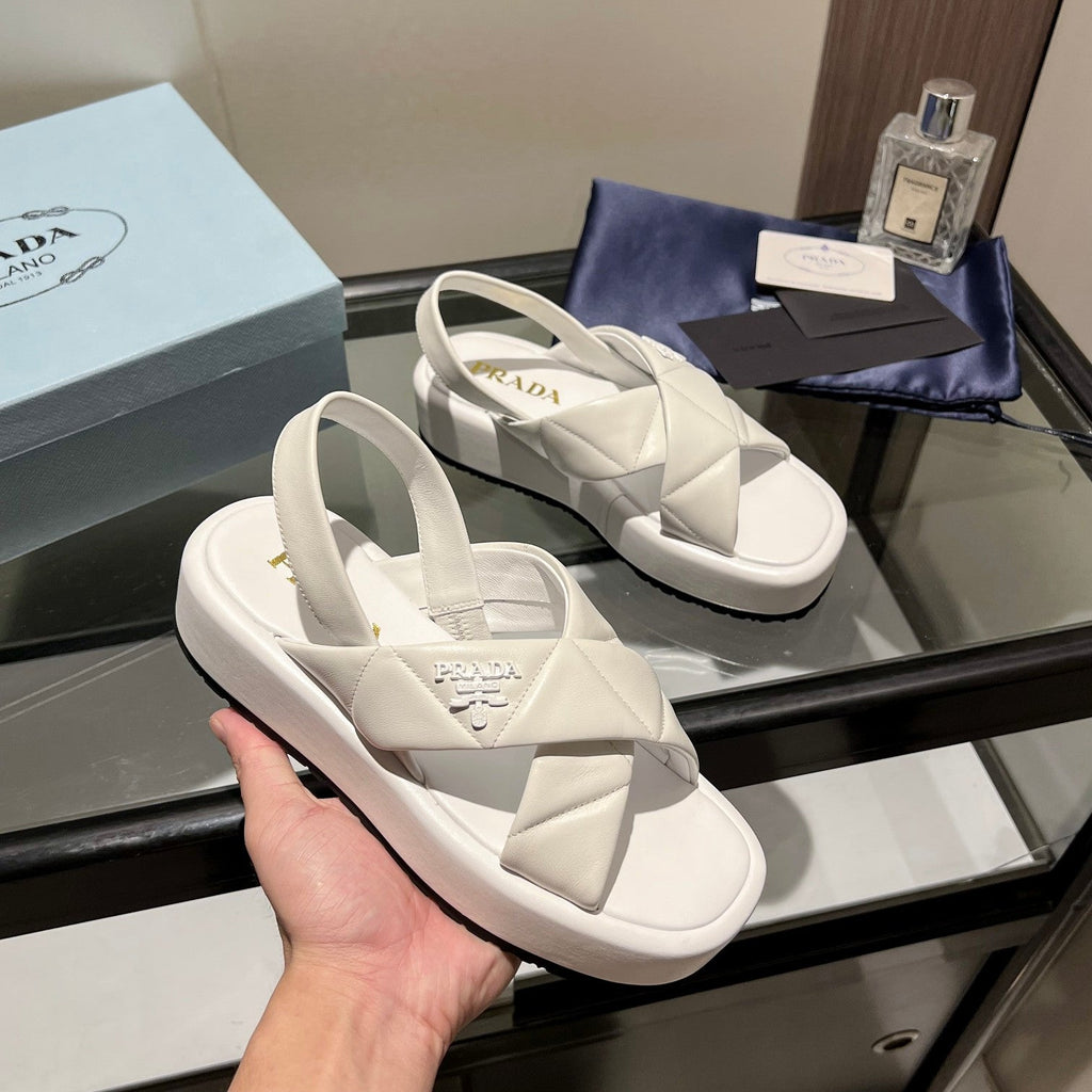 PRADA PADDED CRISSCROSS SANLS WHITE LAMBSKIN