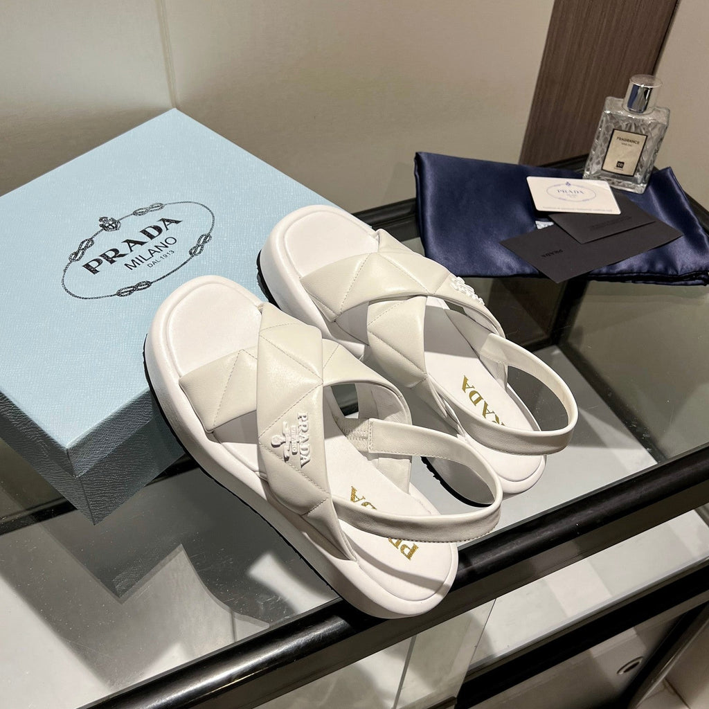 PRADA PADDED CRISSCROSS SANLS WHITE LAMBSKIN