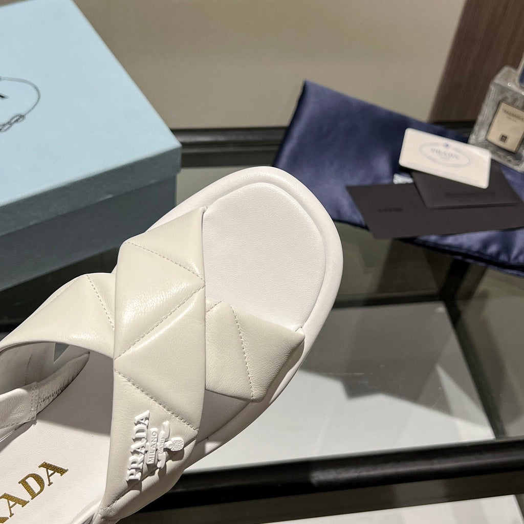 PRADA PADDED CRISSCROSS SANLS WHITE LAMBSKIN
