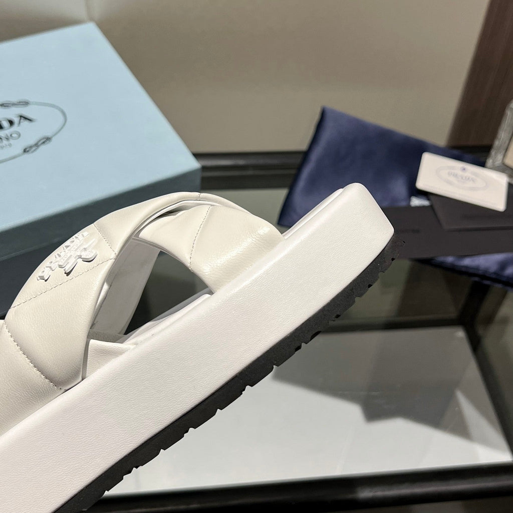 PRADA PADDED CRISSCROSS SANLS WHITE LAMBSKIN