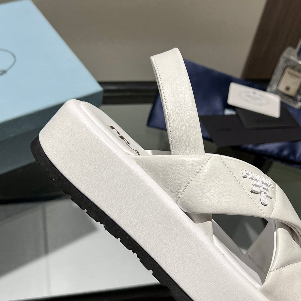 PRADA PADDED CRISSCROSS SANLS WHITE LAMBSKIN