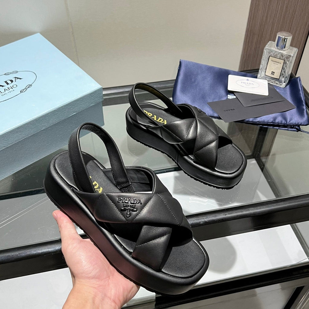 PRADA PADDED CRISSCROSS SANLS BLACK LAMBSKIN
