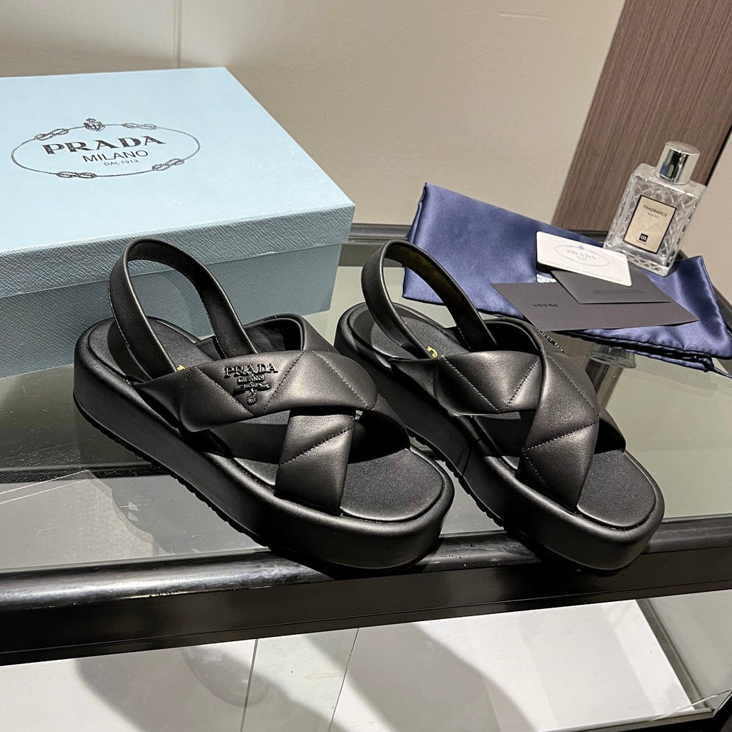 PRADA PADDED CRISSCROSS SANLS BLACK LAMBSKIN