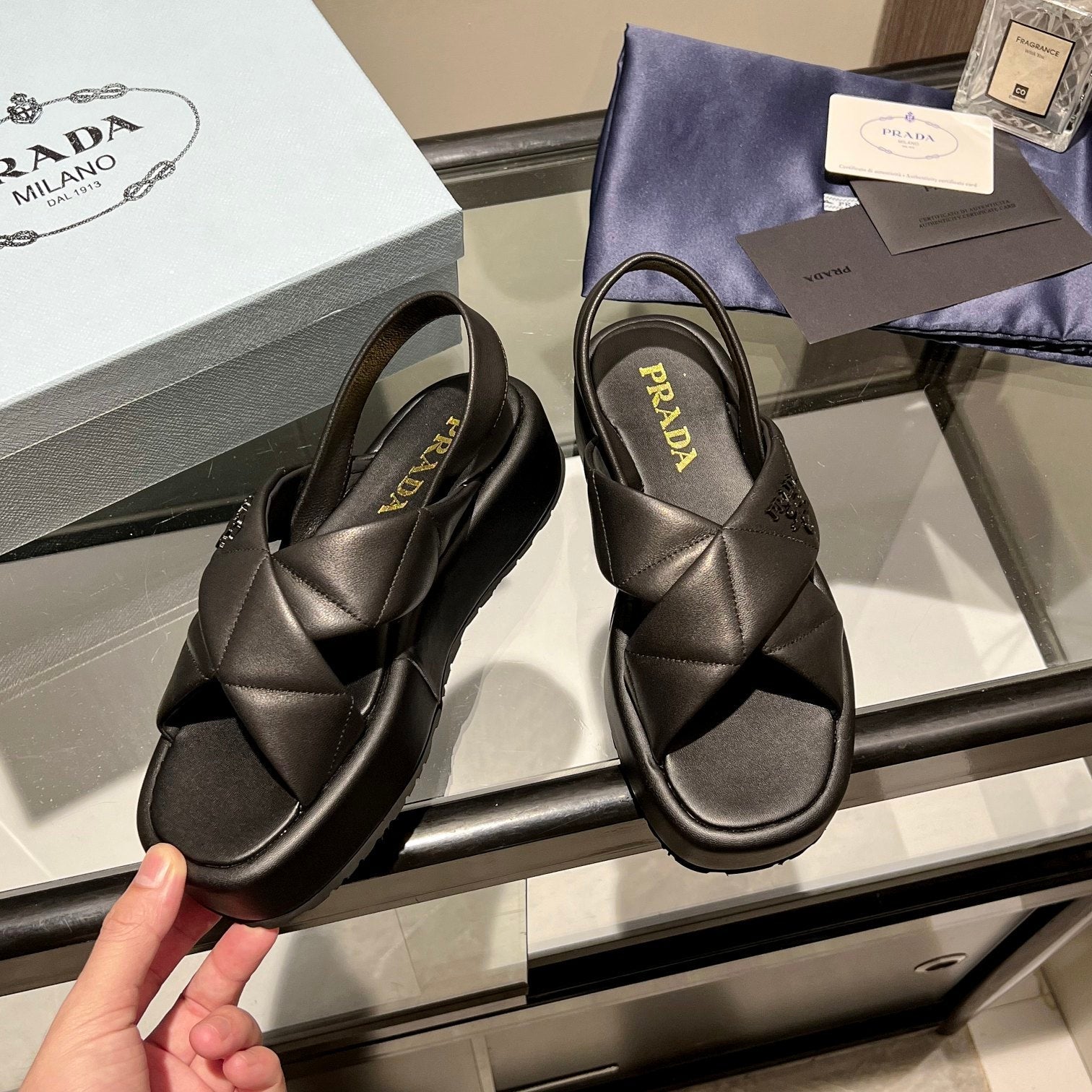 PRADA PADDED CRISSCROSS SANLS BLACK LAMBSKIN