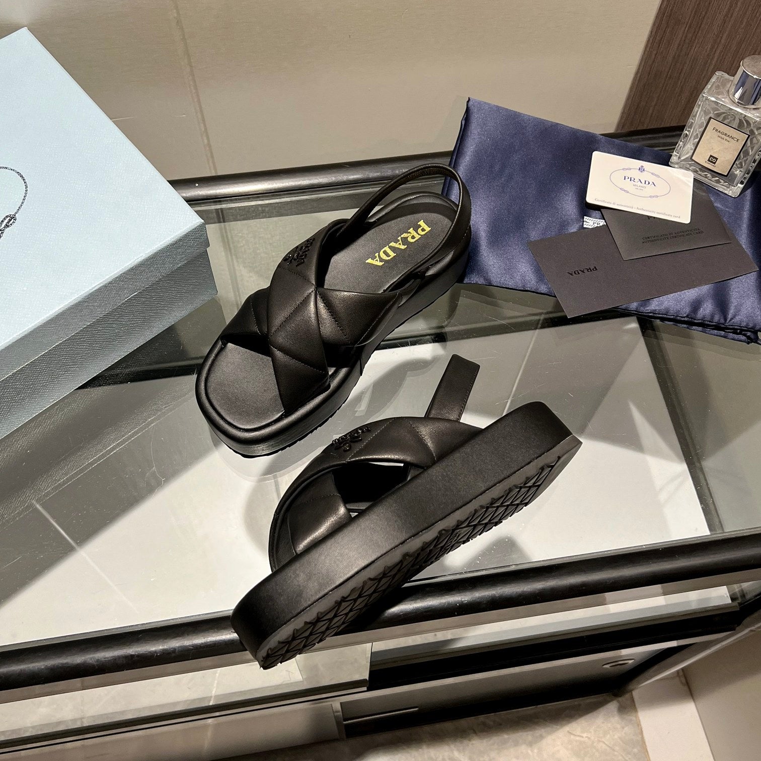 PRADA PADDED CRISSCROSS SANLS BLACK LAMBSKIN