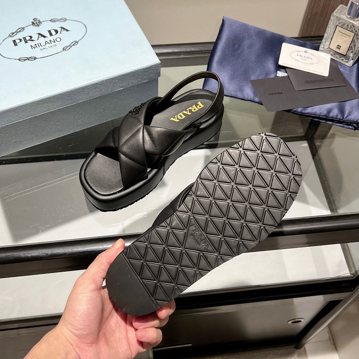 PRADA PADDED CRISSCROSS SANLS BLACK LAMBSKIN