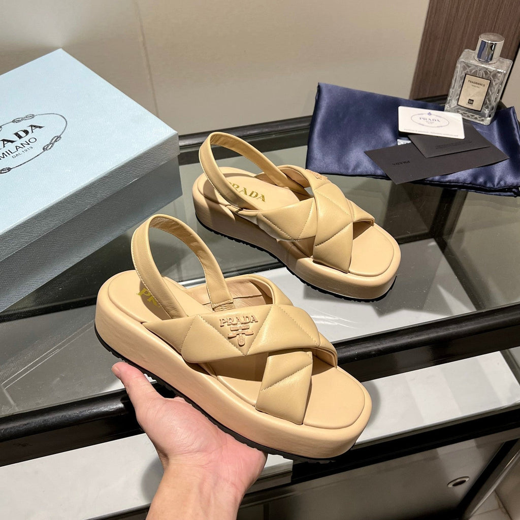 PRADA PADDED CRISSCROSS SANLS BEIGE LAMBSKIN