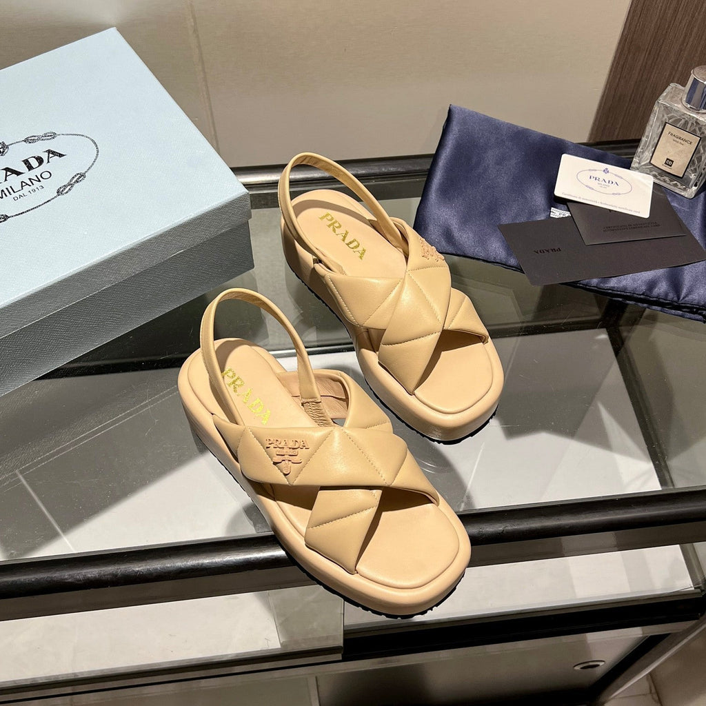 PRADA PADDED CRISSCROSS SANLS BEIGE LAMBSKIN