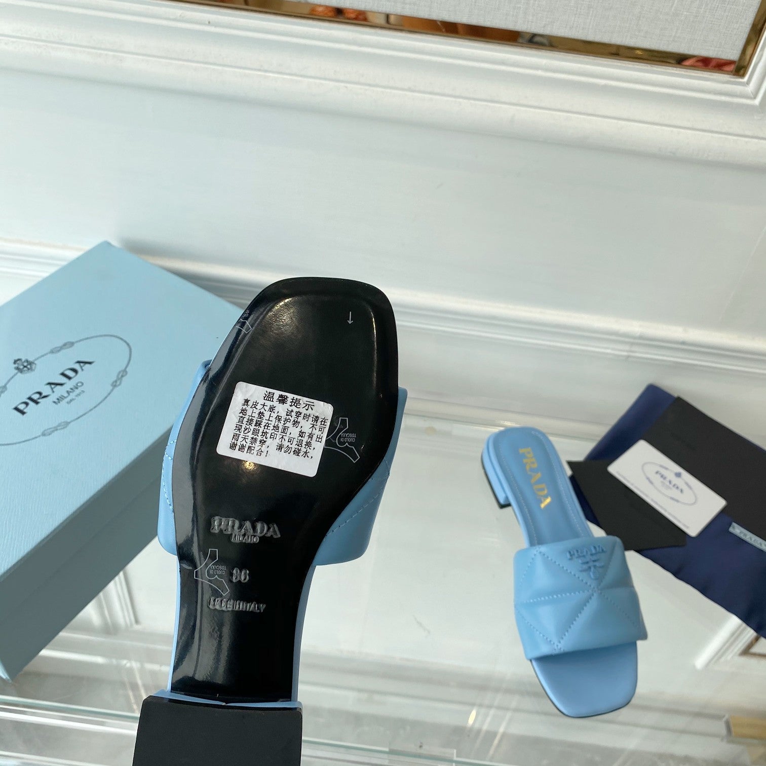 PRADA Pra Slide 25 Quilted Sky Blue leather