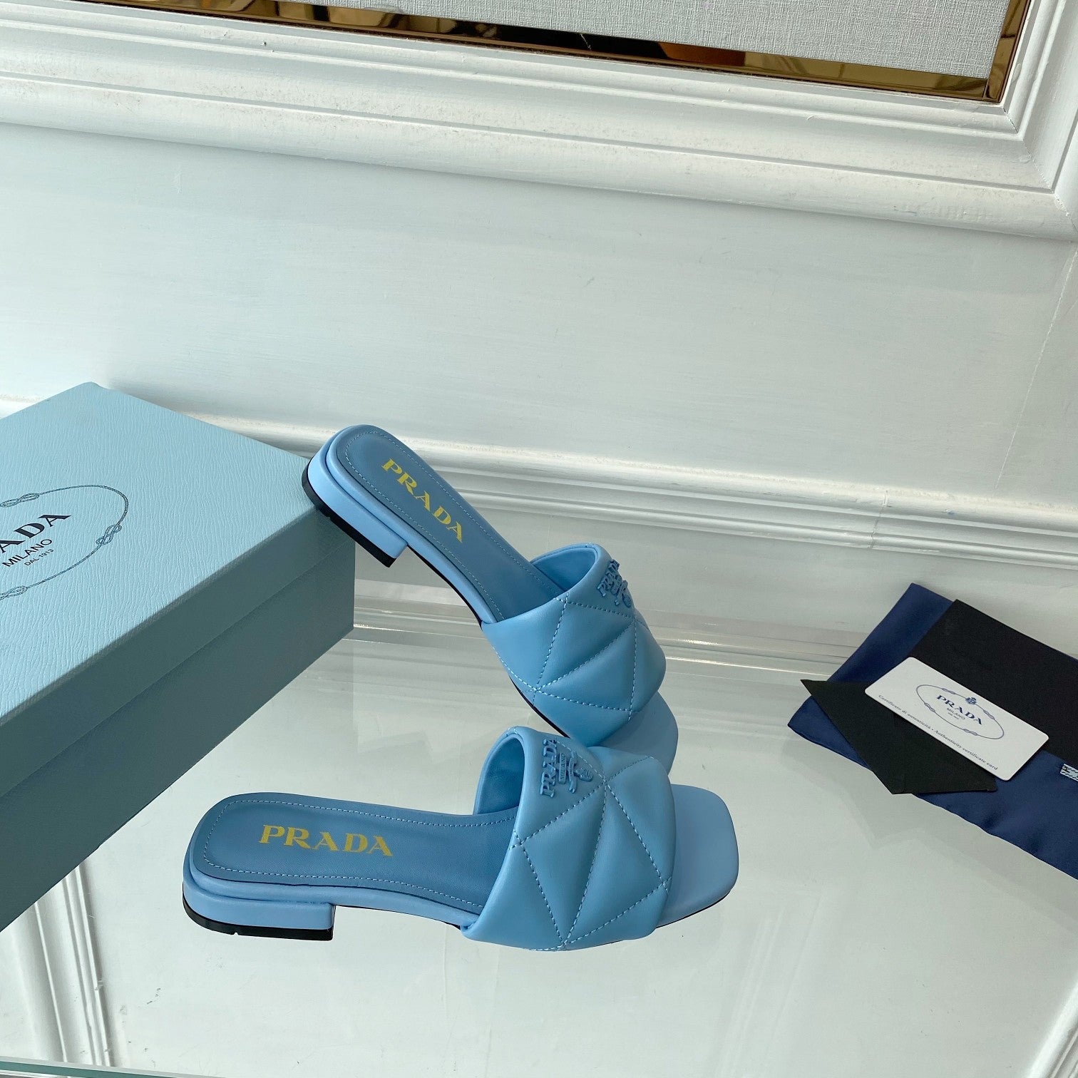 PRADA Pra Slide 25 Quilted Sky Blue leather