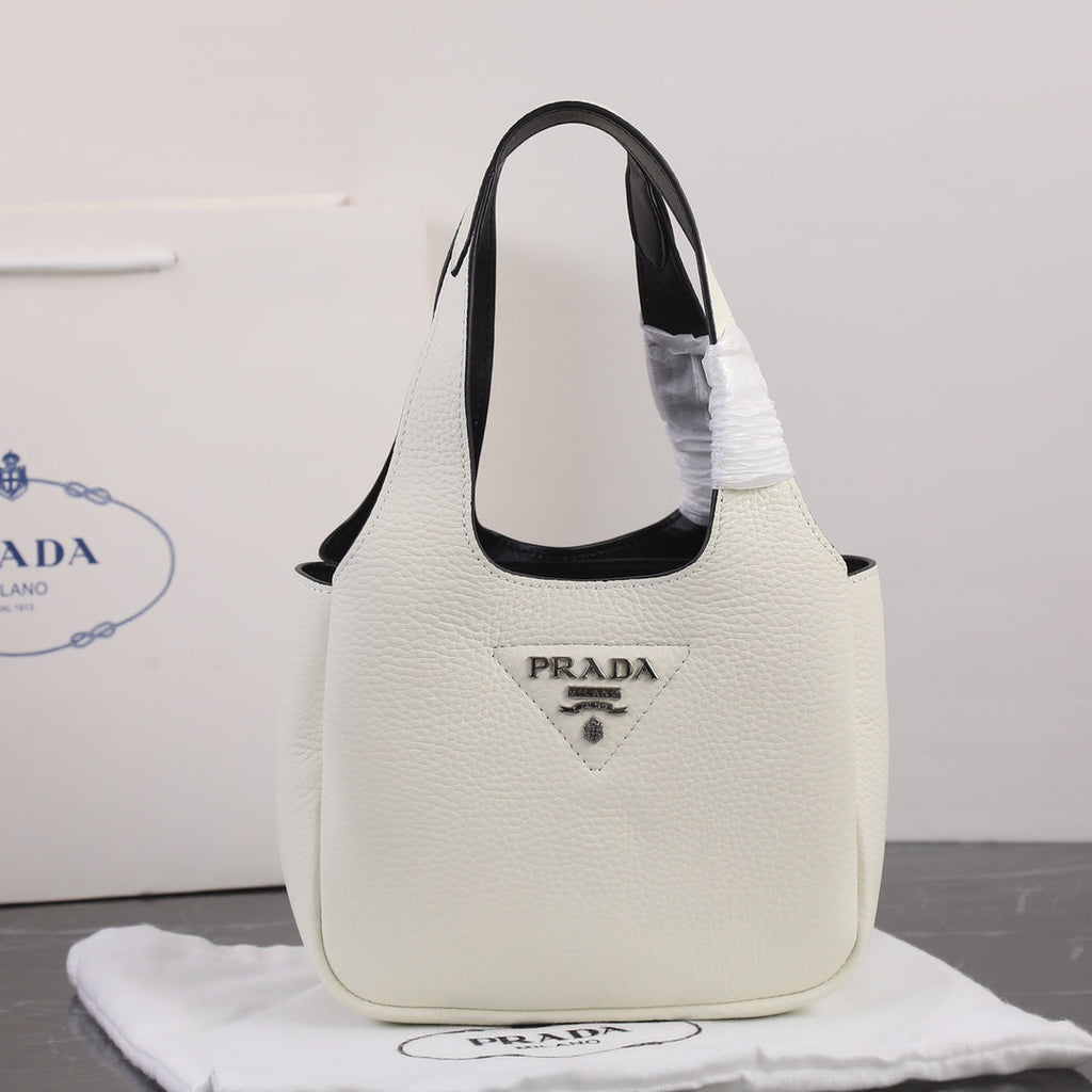 PRADA 18 DYNAMIQUE LOGO TOTE BAG IN WHITE CALFSKIN
