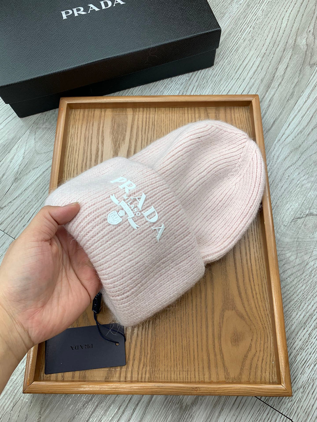 PRADA BEANIE HAT IN SOLF PINK WOOL 108751