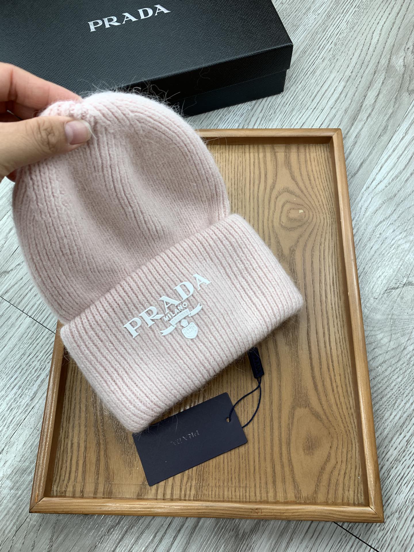 PRADA BEANIE HAT IN SOLF PINK WOOL 108751
