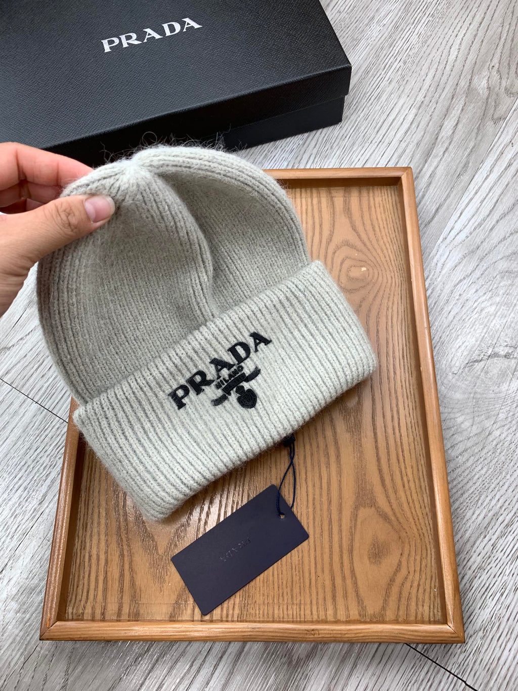 PRADA BEANIE HAT IN PALE GRAY WOOL 108746