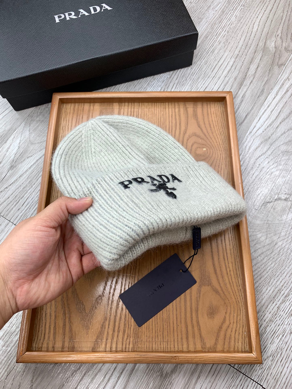 PRADA BEANIE HAT IN PALE GRAY WOOL 108746