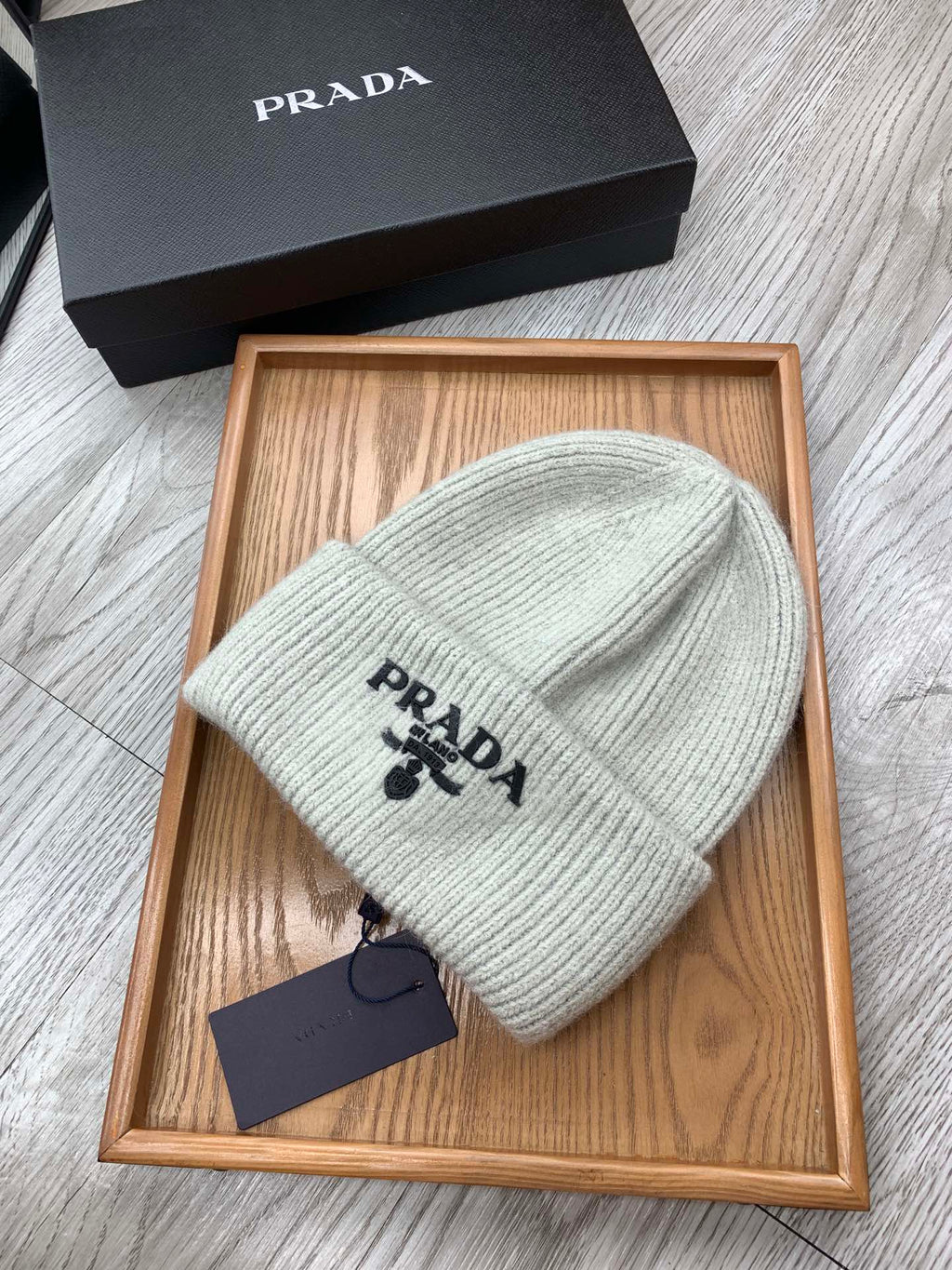 PRADA BEANIE HAT IN PALE GRAY WOOL 108746