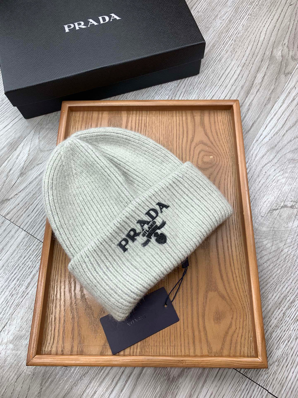 PRADA BEANIE HAT IN PALE GRAY WOOL 108746