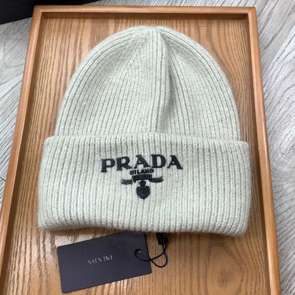 PRADA BEANIE HAT IN PALE GRAY WOOL 108746