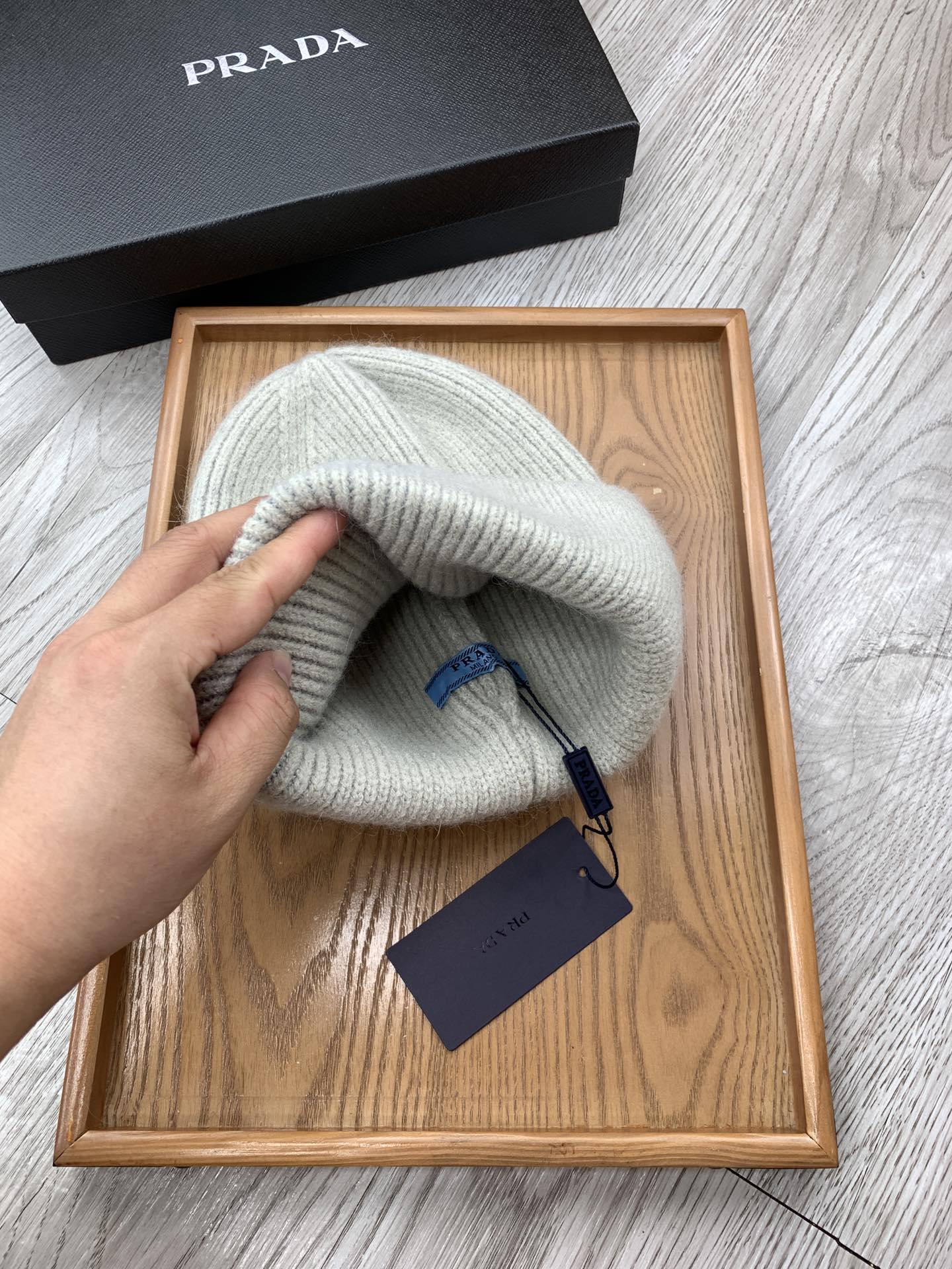 PRADA BEANIE HAT IN PALE GRAY WOOL 108746