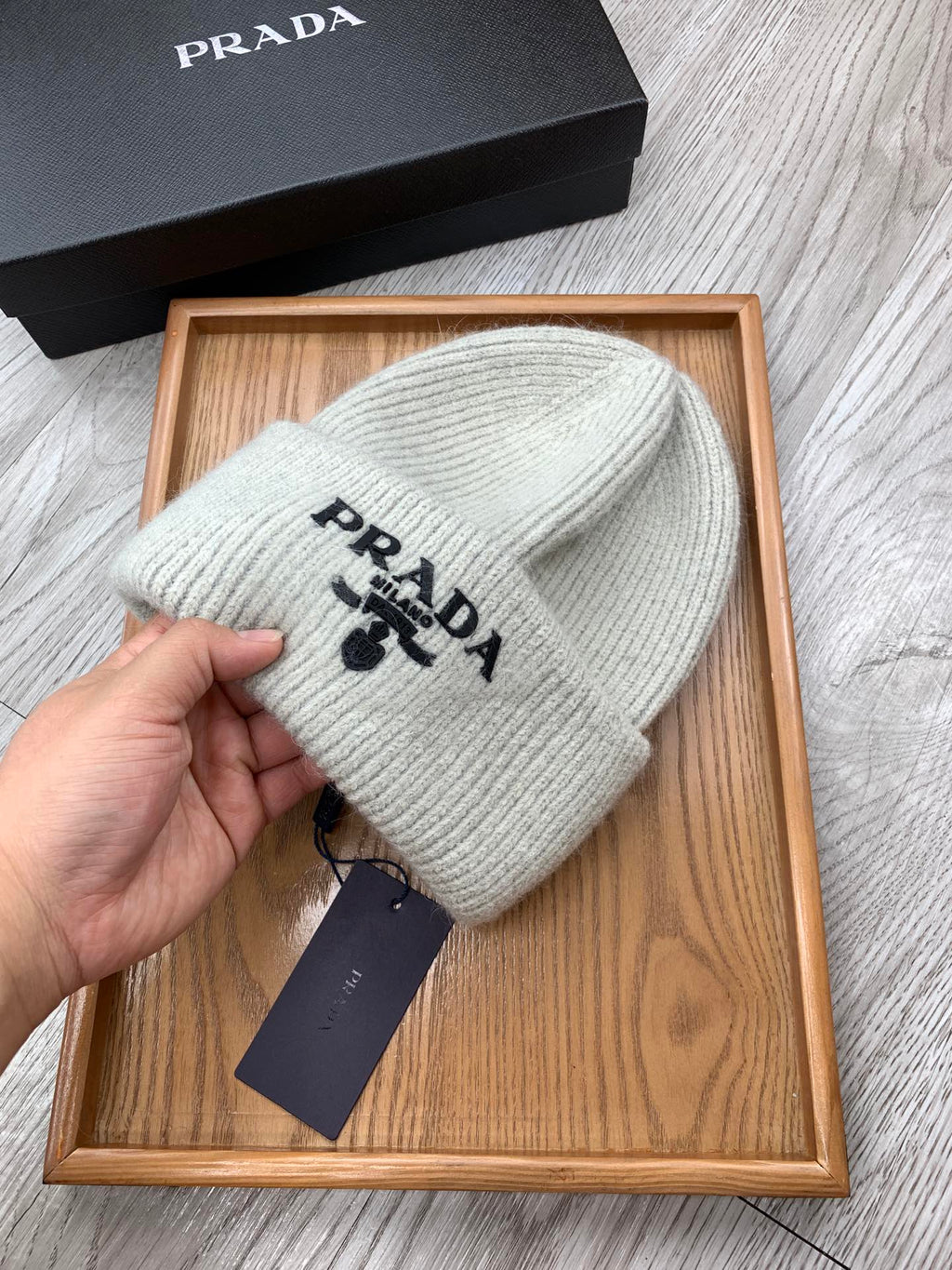 PRADA BEANIE HAT IN PALE GRAY WOOL 108746