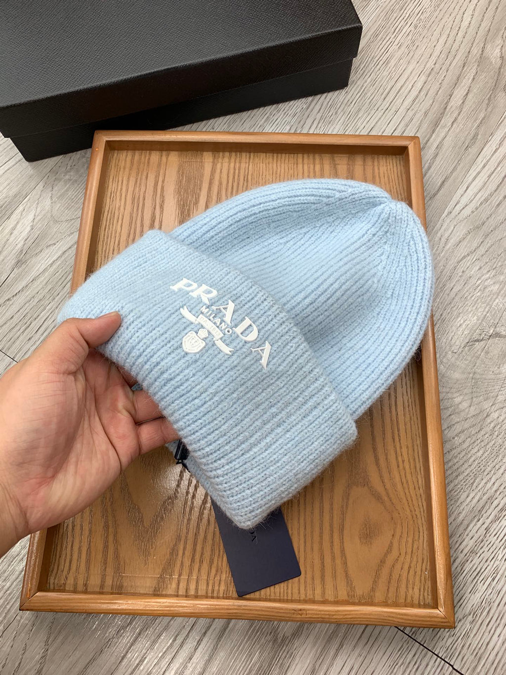 PRADA BEANIE HAT IN LIGHT BLUE WOOL 108744