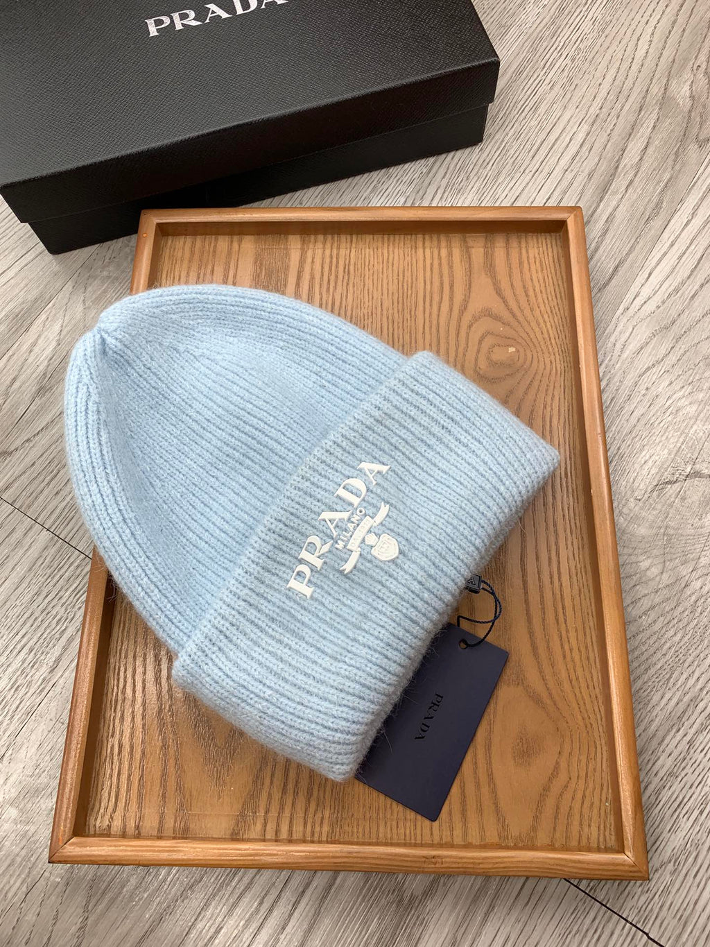 PRADA BEANIE HAT IN LIGHT BLUE WOOL 108744