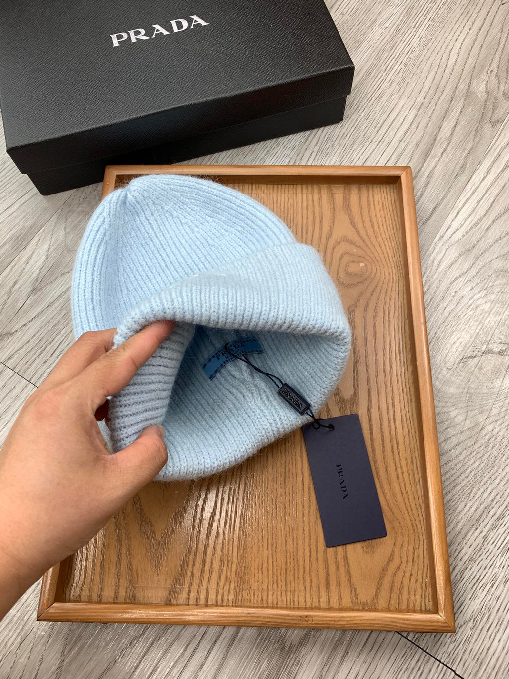 PRADA BEANIE HAT IN LIGHT BLUE WOOL 108744