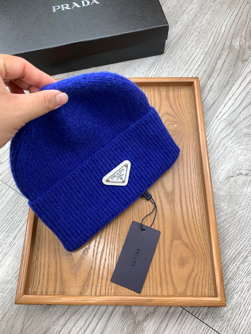 PRADA BEANIIE HAT IN AZURE BLUE WOOL 335033