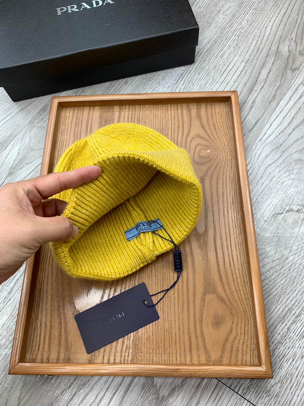 PRADA BEANIIE HAT IN CLASSIC YELLOW WOOL 335035