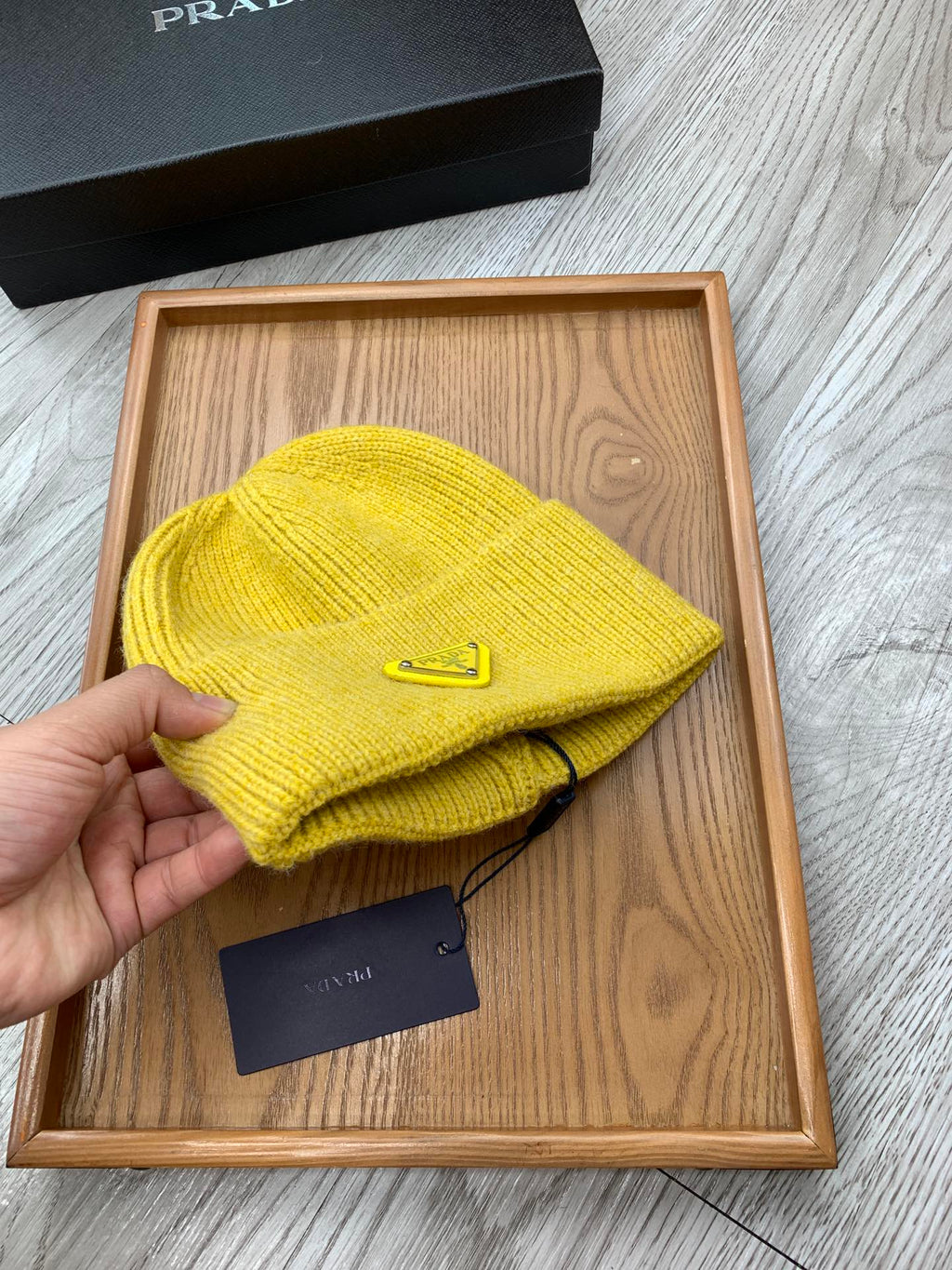 PRADA BEANIIE HAT IN CLASSIC YELLOW WOOL 335035