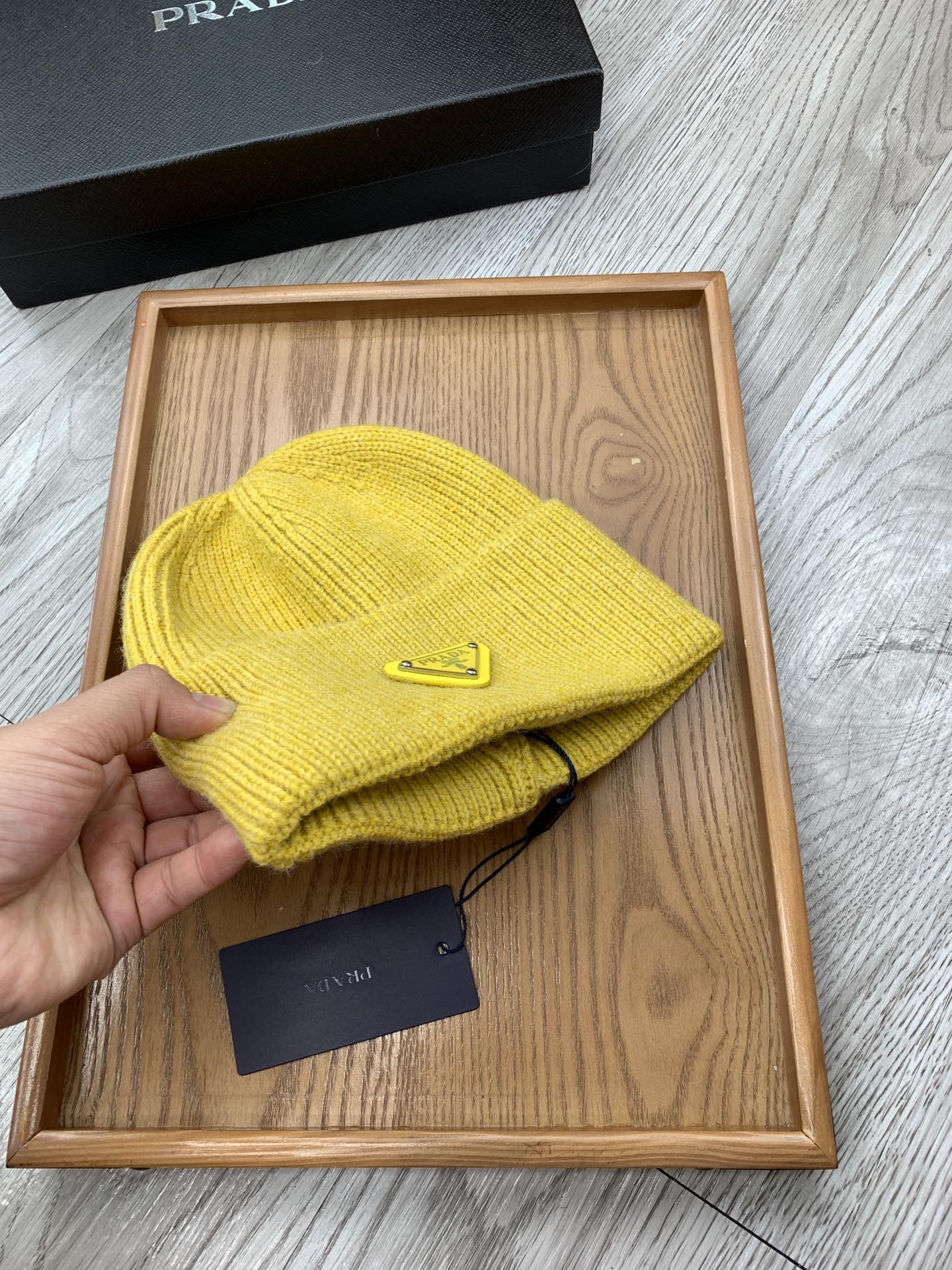 PRADA BEANIIE HAT IN CLASSIC YELLOW WOOL 335035