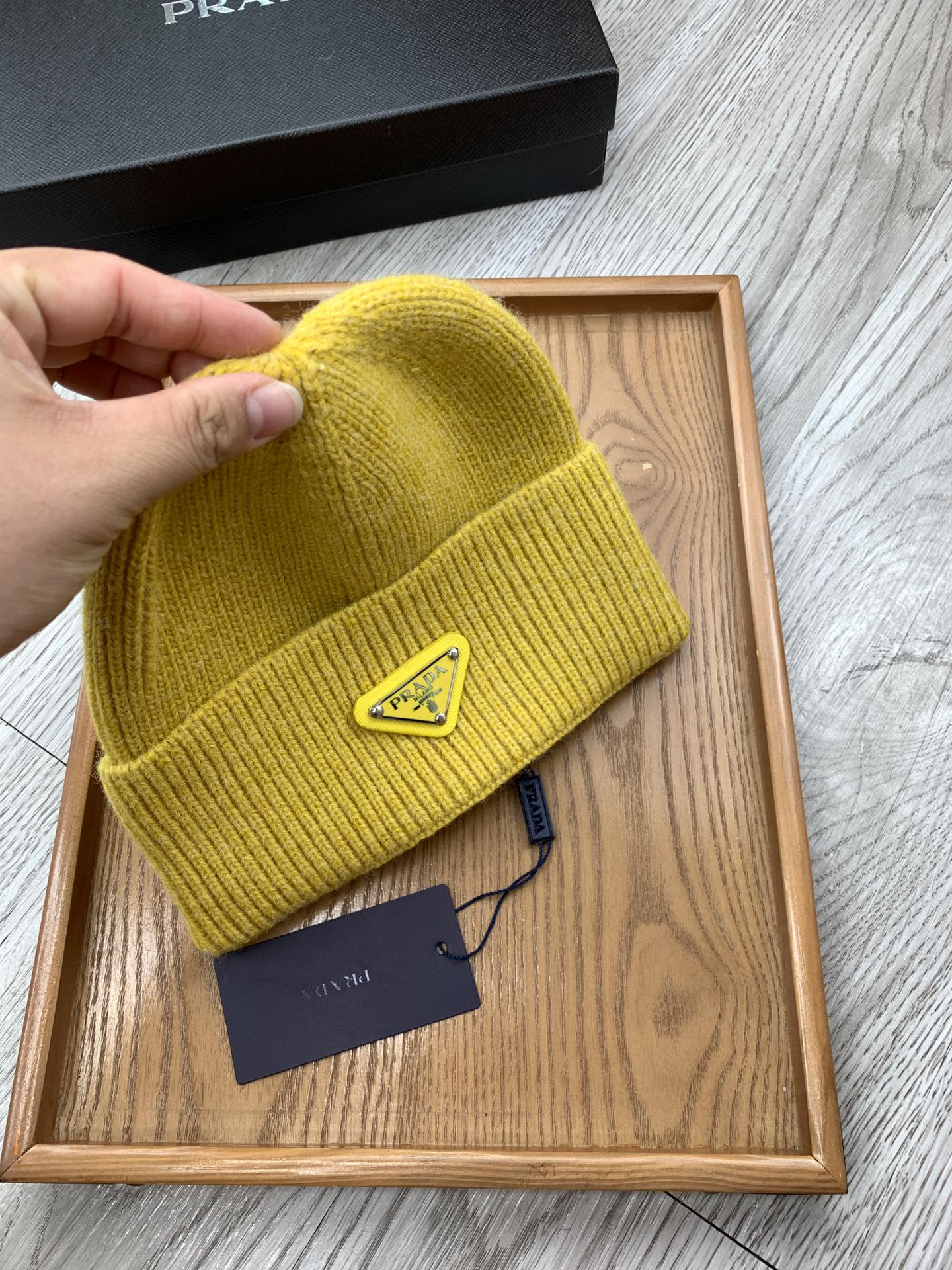 PRADA BEANIIE HAT IN CLASSIC YELLOW WOOL 335035