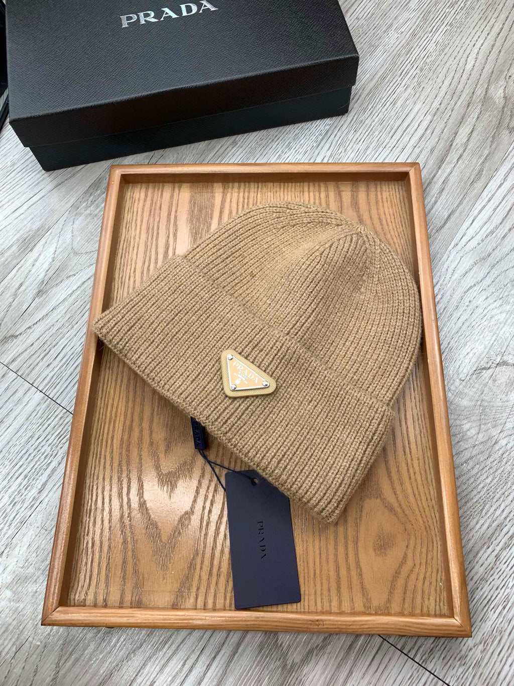 PRADA BEANIIE HAT IN CAMEL BROWN WOOL 335038