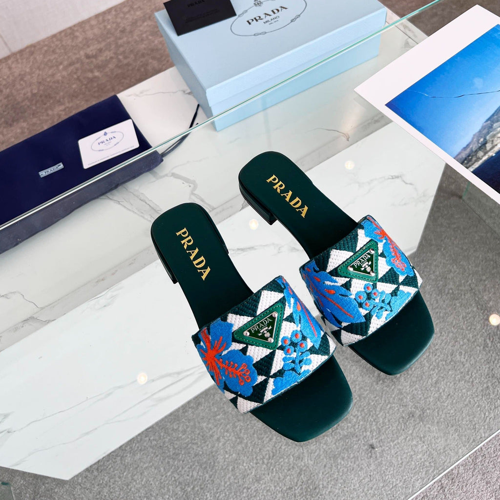 PRADA EMBROIDERED SLIDES FLAT CASTLETON GREEN FABRIC