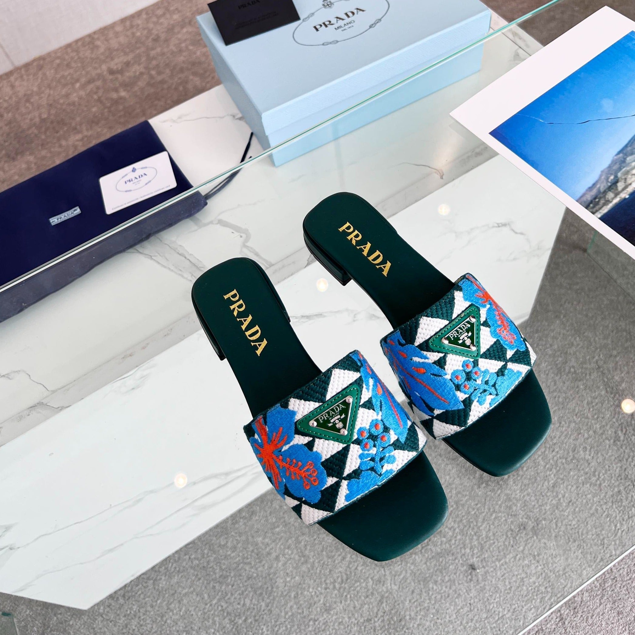 PRADA EMBROIDERED SLIDES FLAT CASTLETON GREEN FABRIC