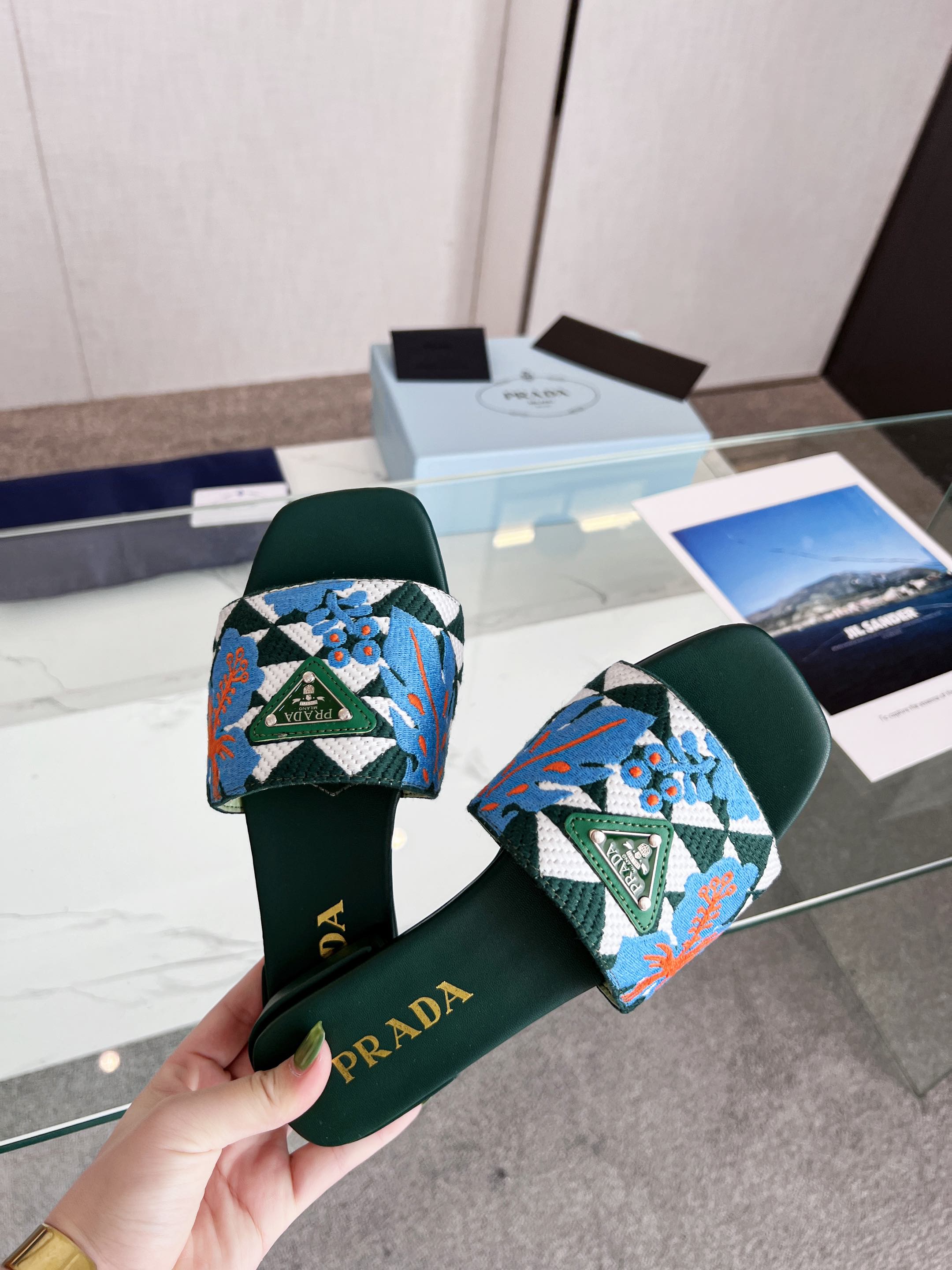 PRADA EMBROIDERED SLIDES FLAT CASTLETON GREEN FABRIC