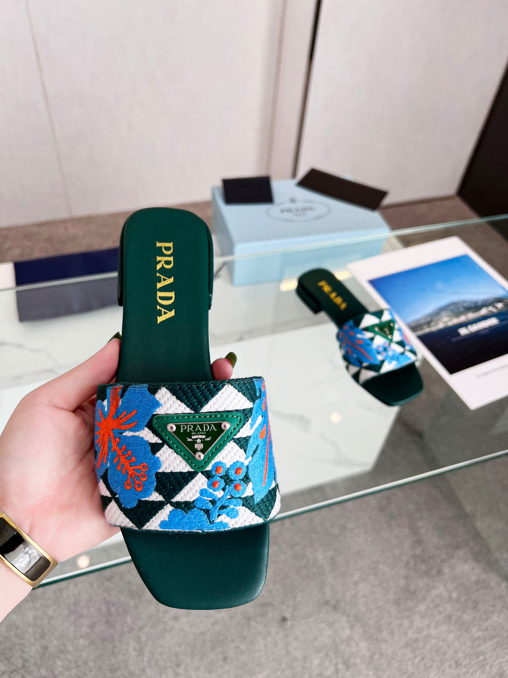 PRADA EMBROIDERED SLIDES FLAT CASTLETON GREEN FABRIC