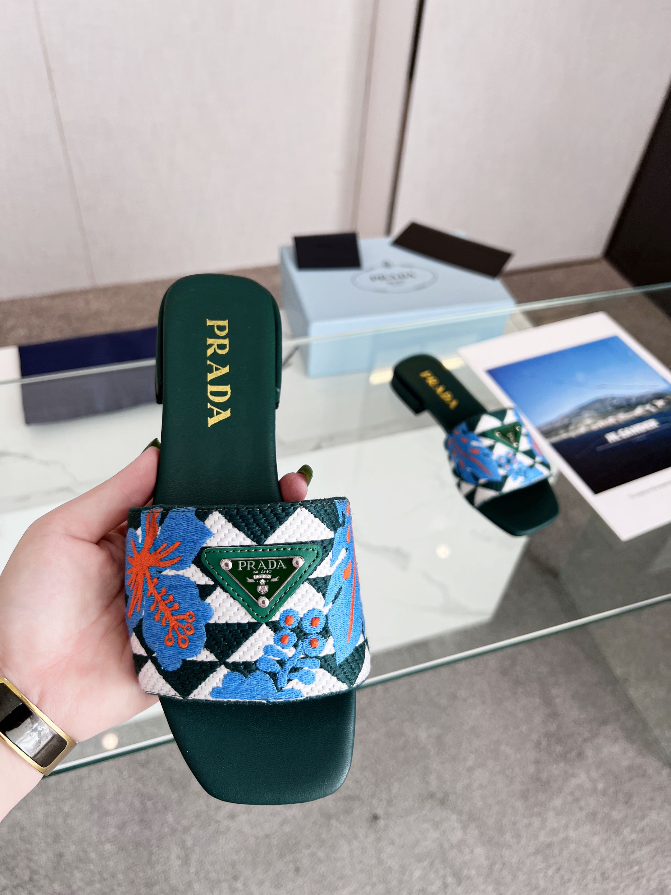 PRADA EMBROIDERED SLIDES FLAT CASTLETON GREEN FABRIC