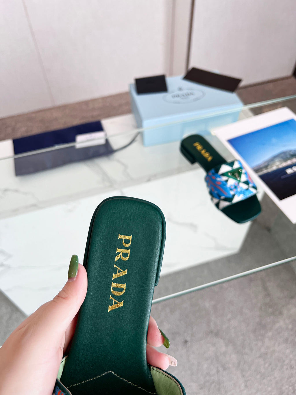 PRADA EMBROIDERED SLIDES FLAT CASTLETON GREEN FABRIC