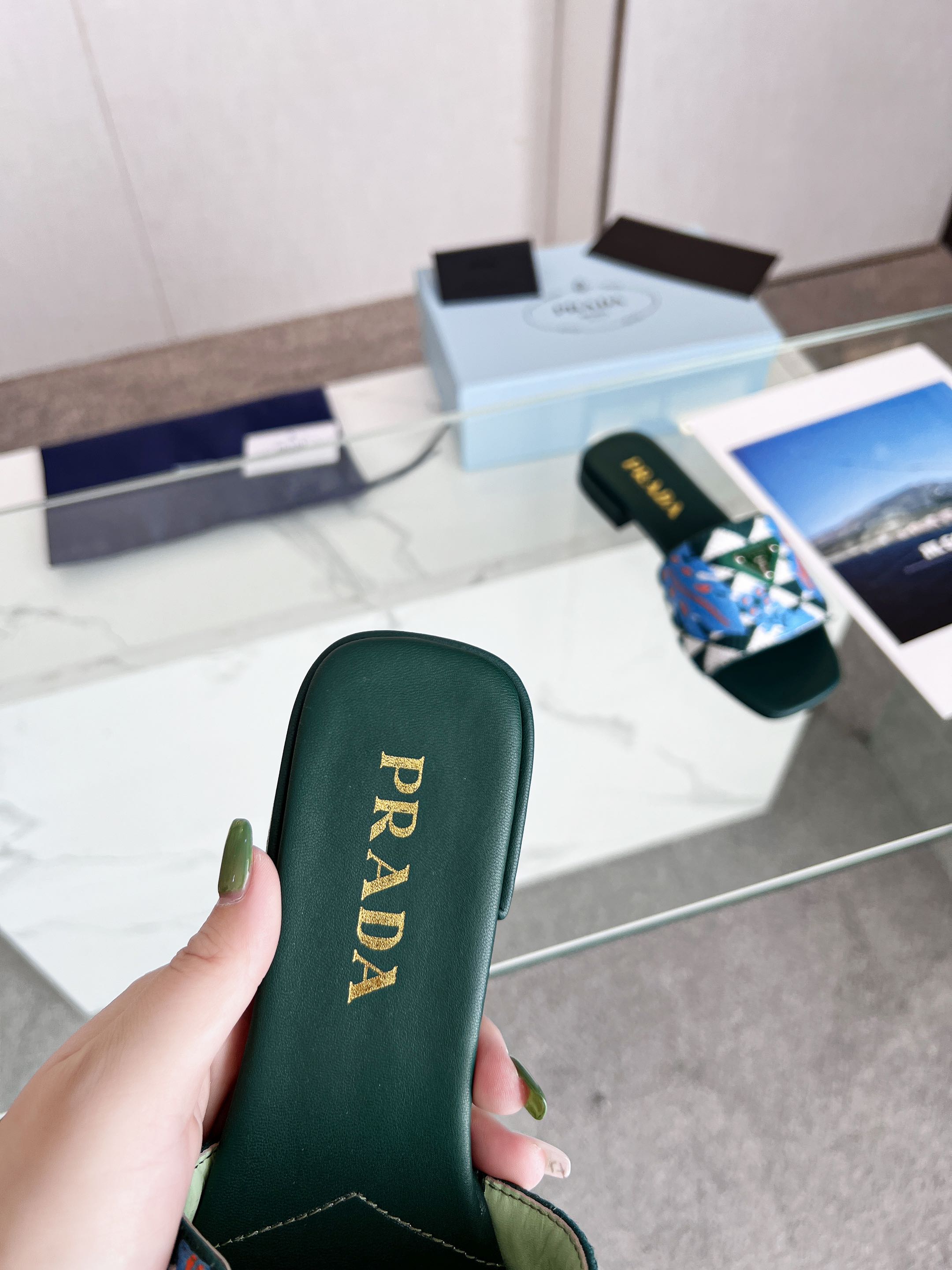 PRADA EMBROIDERED SLIDES FLAT CASTLETON GREEN FABRIC