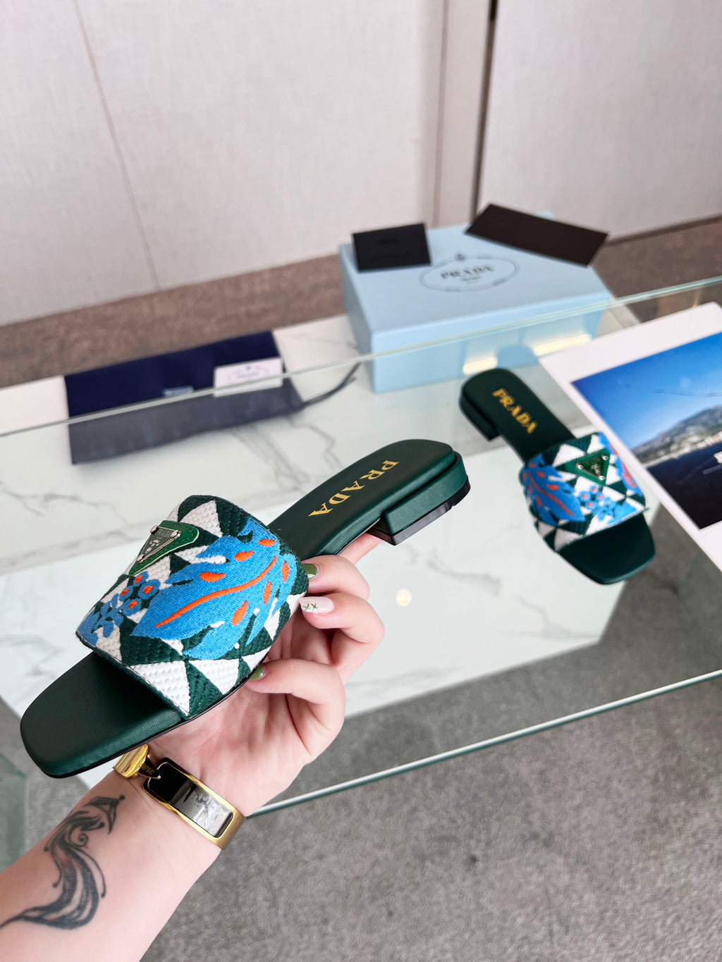 PRADA EMBROIDERED SLIDES FLAT CASTLETON GREEN FABRIC