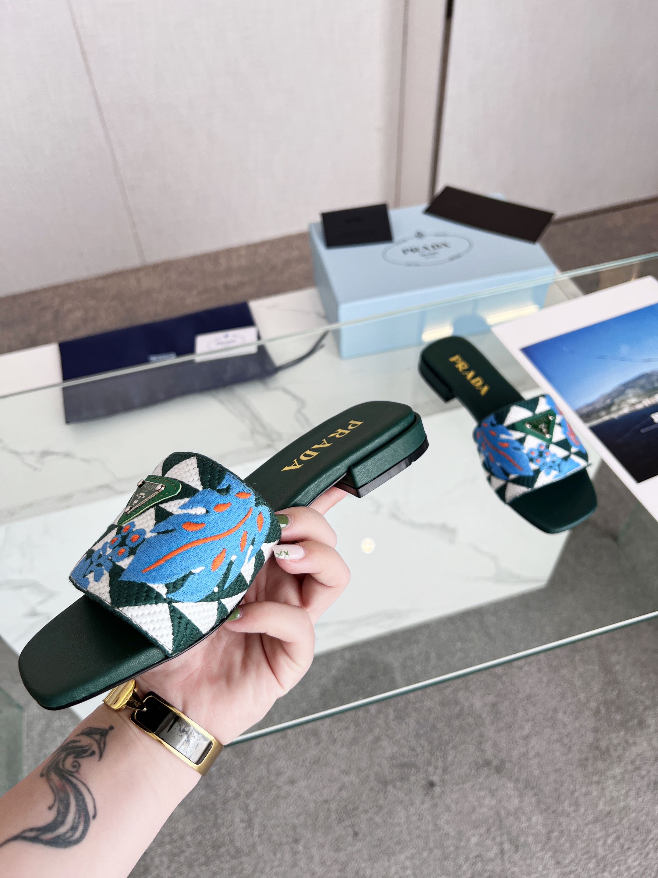 PRADA EMBROIDERED SLIDES FLAT CASTLETON GREEN FABRIC