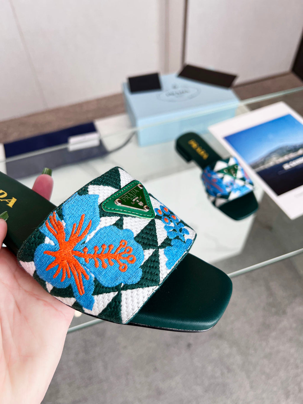 PRADA EMBROIDERED SLIDES FLAT CASTLETON GREEN FABRIC