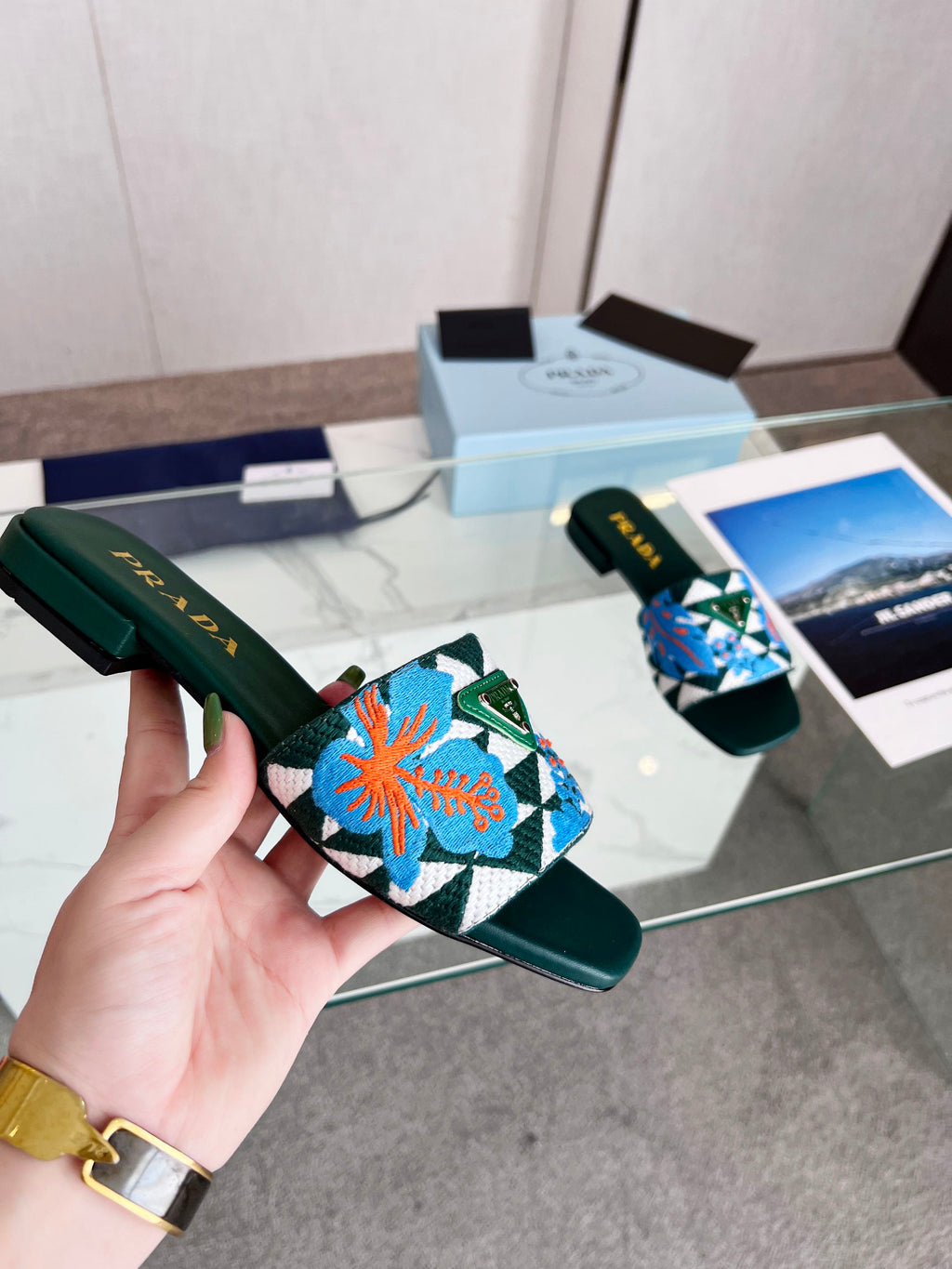 PRADA EMBROIDERED SLIDES FLAT CASTLETON GREEN FABRIC