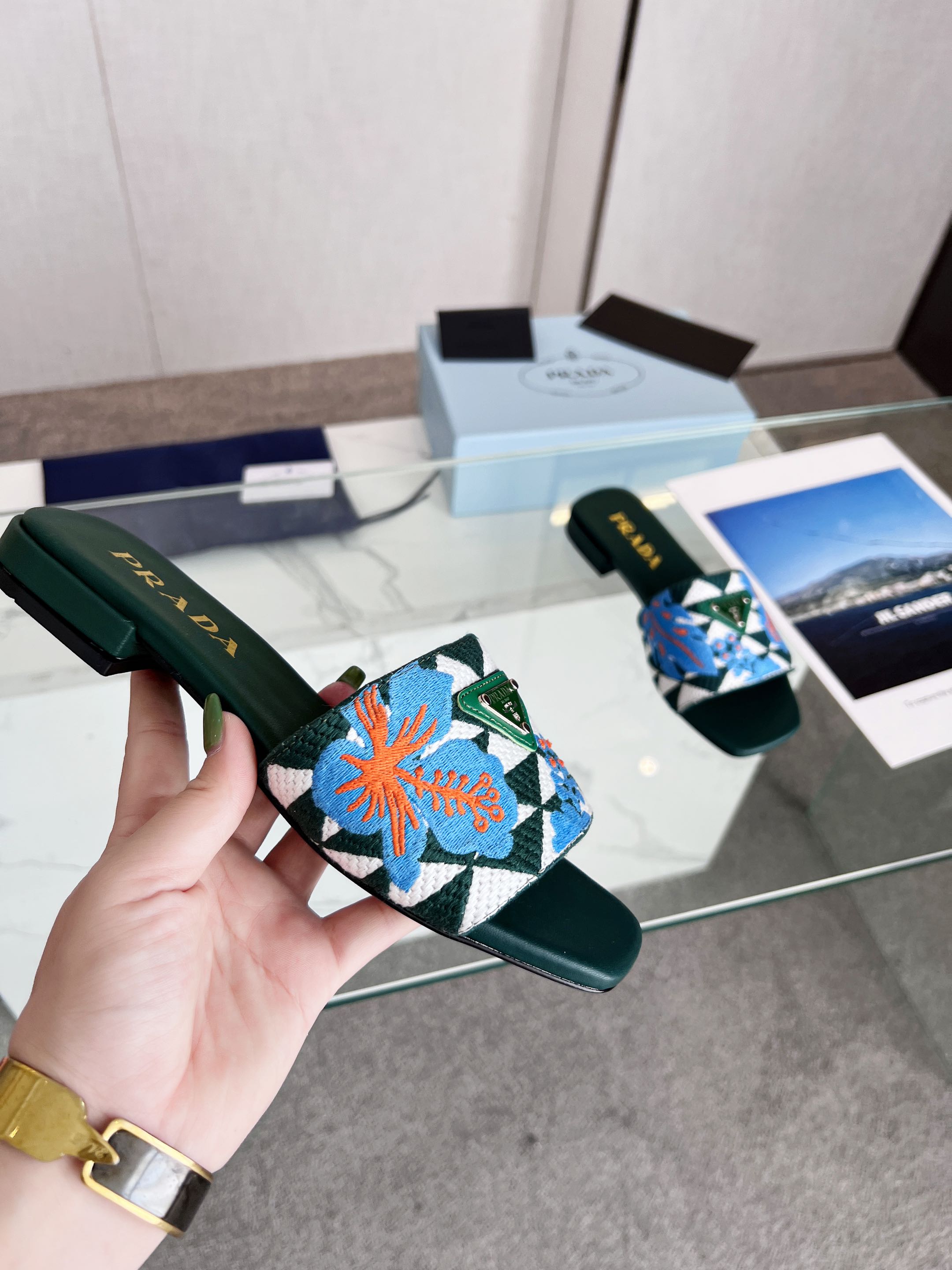PRADA EMBROIDERED SLIDES FLAT CASTLETON GREEN FABRIC